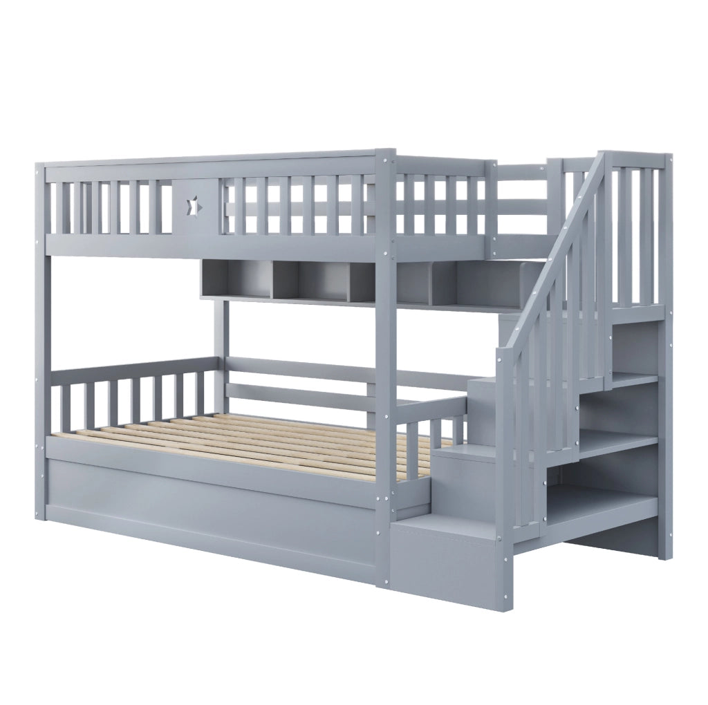 Letto a soppalco 90x200 cm con vano contenitore idraulico, scala contenitore e ripiani