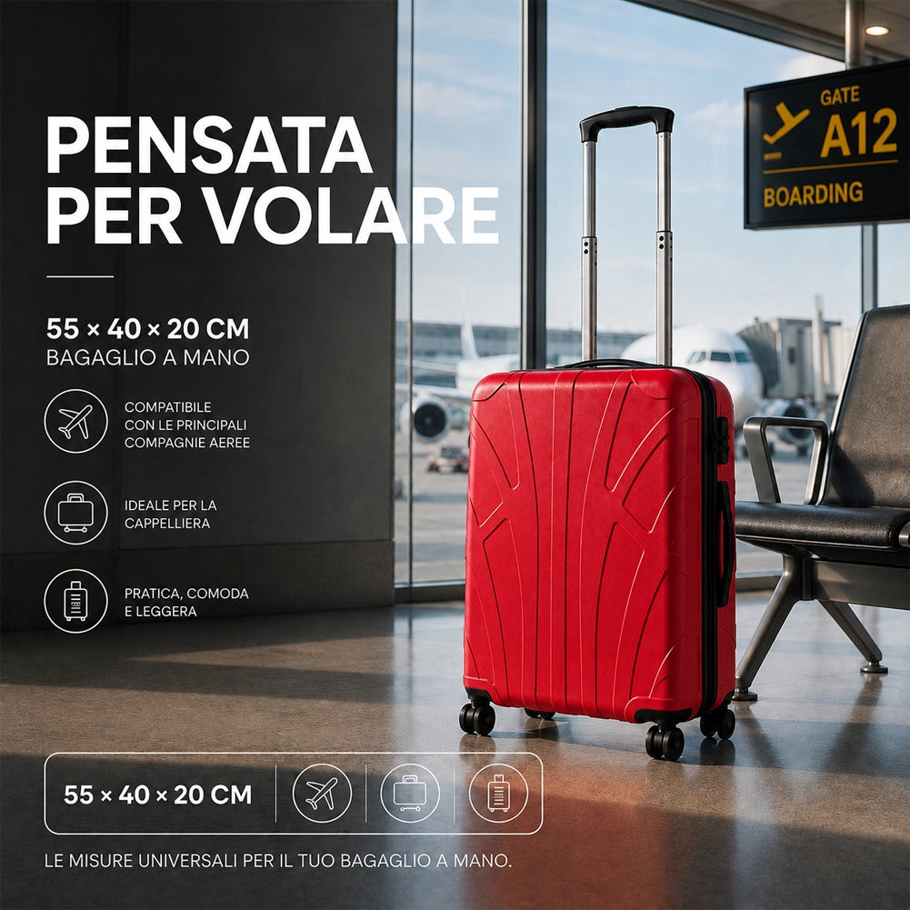 Valigia Bagaglio a Mano 55x40x20 cm Rosso Trolley Lugano Adatto Ryanair Easyjet