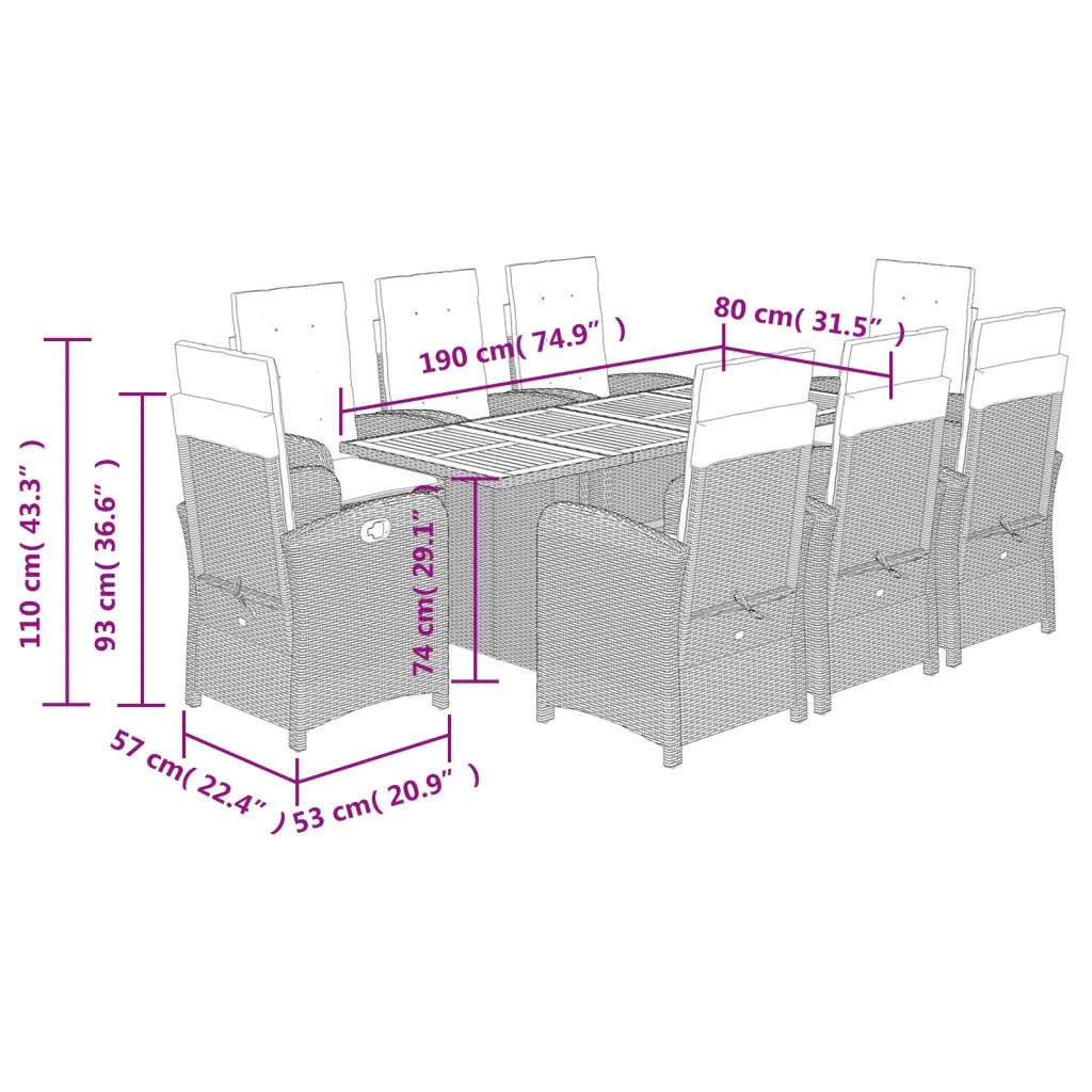Set da Pranzo da Giardino 9 pz con Cuscini Nero in Polyrattan 3212276
