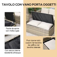 Set da Giardino 6 Pezzi in Rattan con Divani, Poltrone e Tavoli Contenitore, Beige