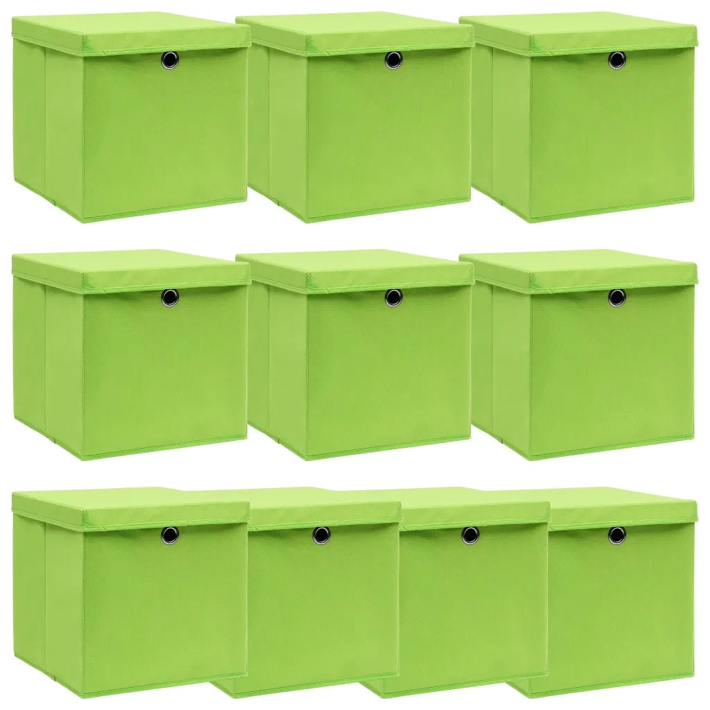 Scatole con Coperchi 10 pz Verdi 32x32x32 cm in Tessuto
