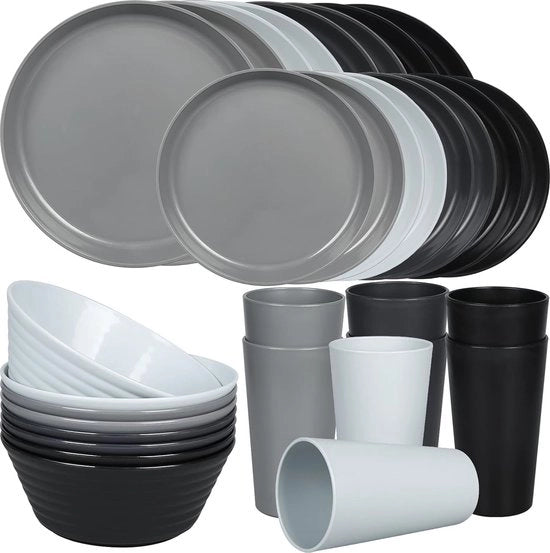 Set di servizio in plastica (32 pezzi), servizio da campeggio leggero e resistente alle cadute con posate, piatti, piattini, tazze, servizio per 8 persone, ideale per bambini e adulti.