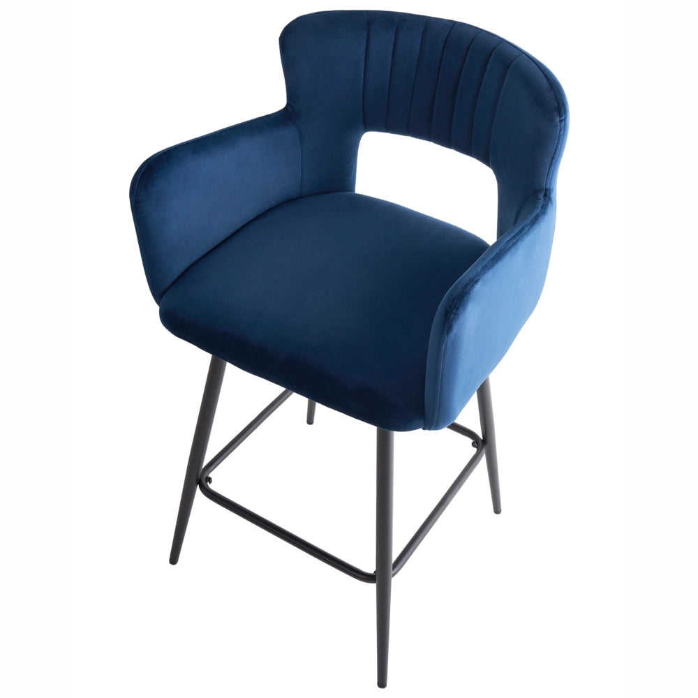 Set di 2 sgabelli da bar velluto blu marino braccioli schienale intagliato gambe in metallo moderna industriale