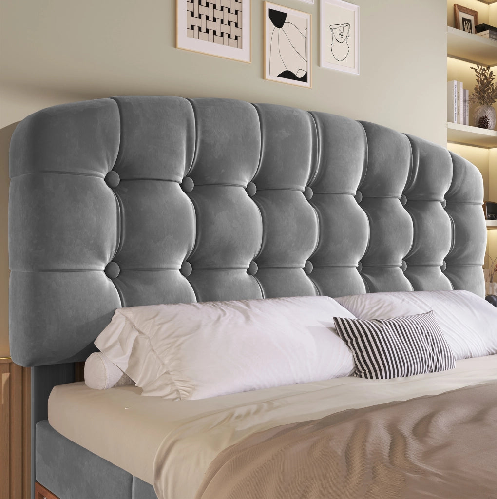 Letto imbottito grigio 140 x 190 cm con testiera regolabile e contenitori