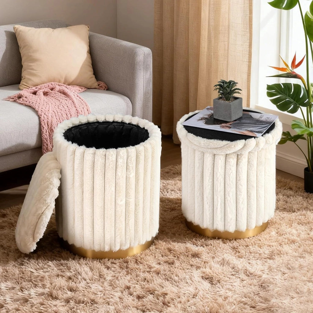 Set di 2 Pouf Contenitori Rotondi, 32L + 21L, Poggiapiedi in Pelo di Coniglio con Coperchi Rimovibili e Scomparti Nascosti, Sgabelli Imbottiti Impilabili per Soggiorno e Camera da Letto