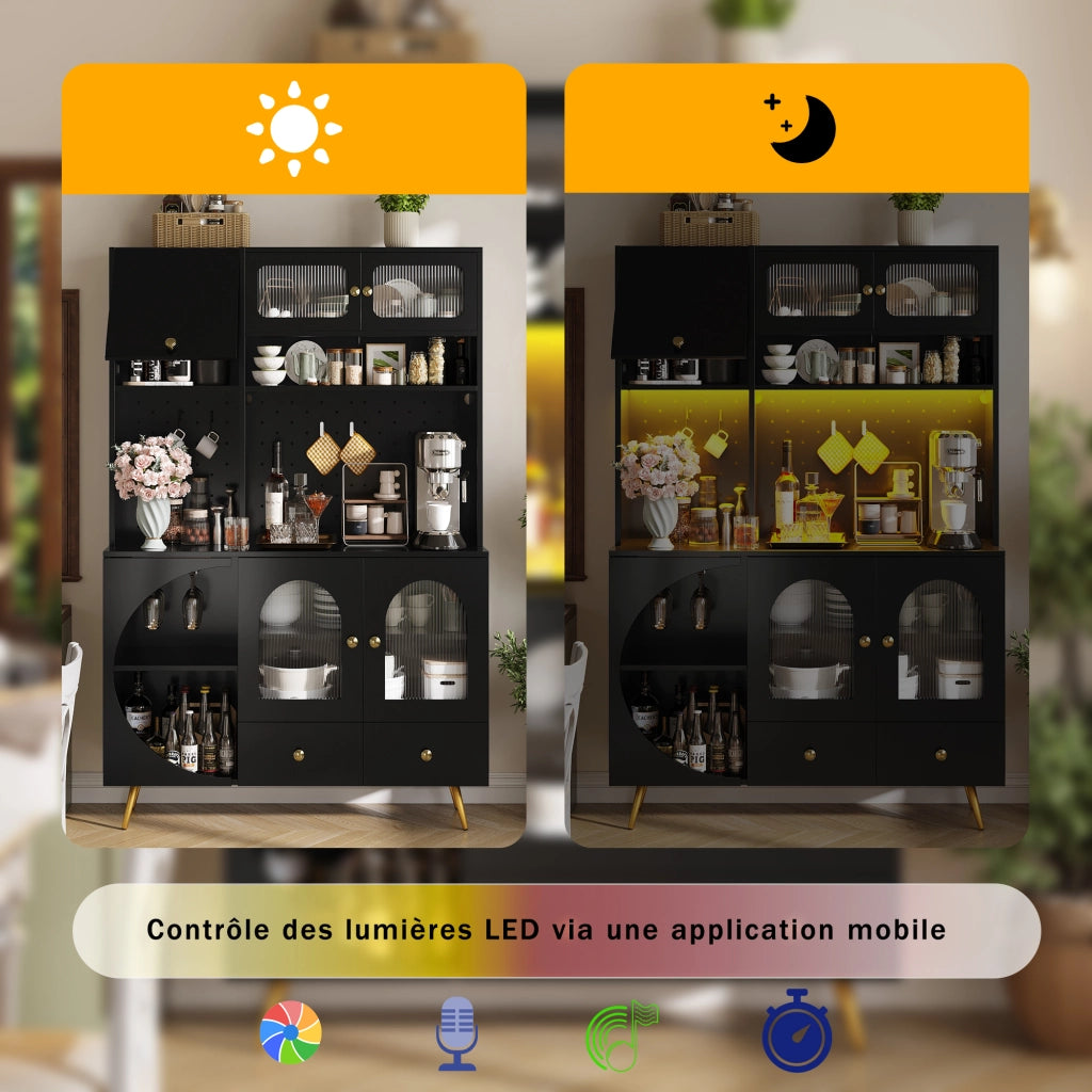 OKWISH Credenza alta da cucina con scaffali, 1 cassetto e vani aperti, LED, prese e porte USB, 120×40×176 cm