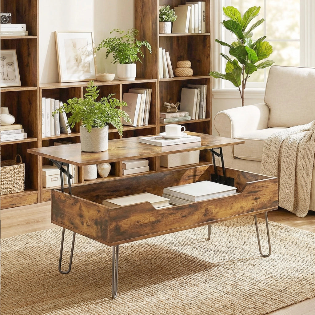 Tavolino da caff¨¨ in legno con ripiano nascosto ¨C zephmum ¨C 95x50x40 cm, marrone rustico