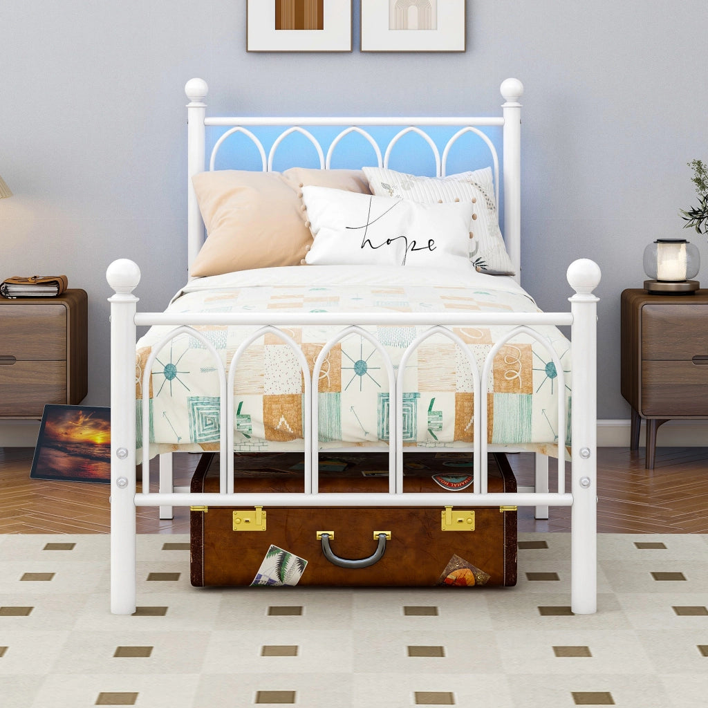 Letto singolo 90 × 200 cm con LED, 2 USB e presa, testiera alta, contenitore sotto letto, senza materasso, bianco
