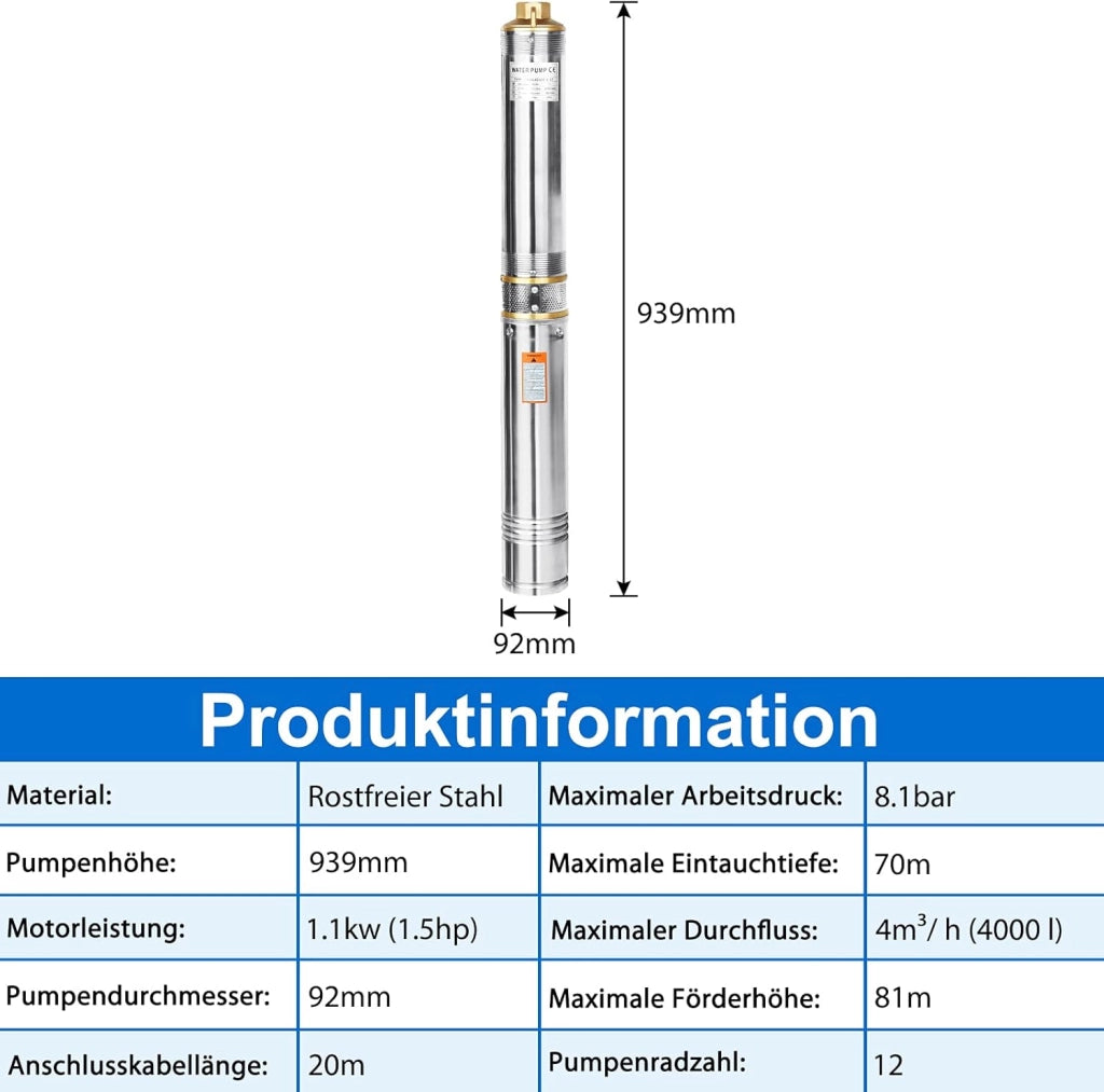 Pompa per pozzi profondi, 230 V, diametro 92 mm, in acciaio inox con portata 1,1 KW, 4000 l/h, pompa a pressione sommersa per alloggiamento