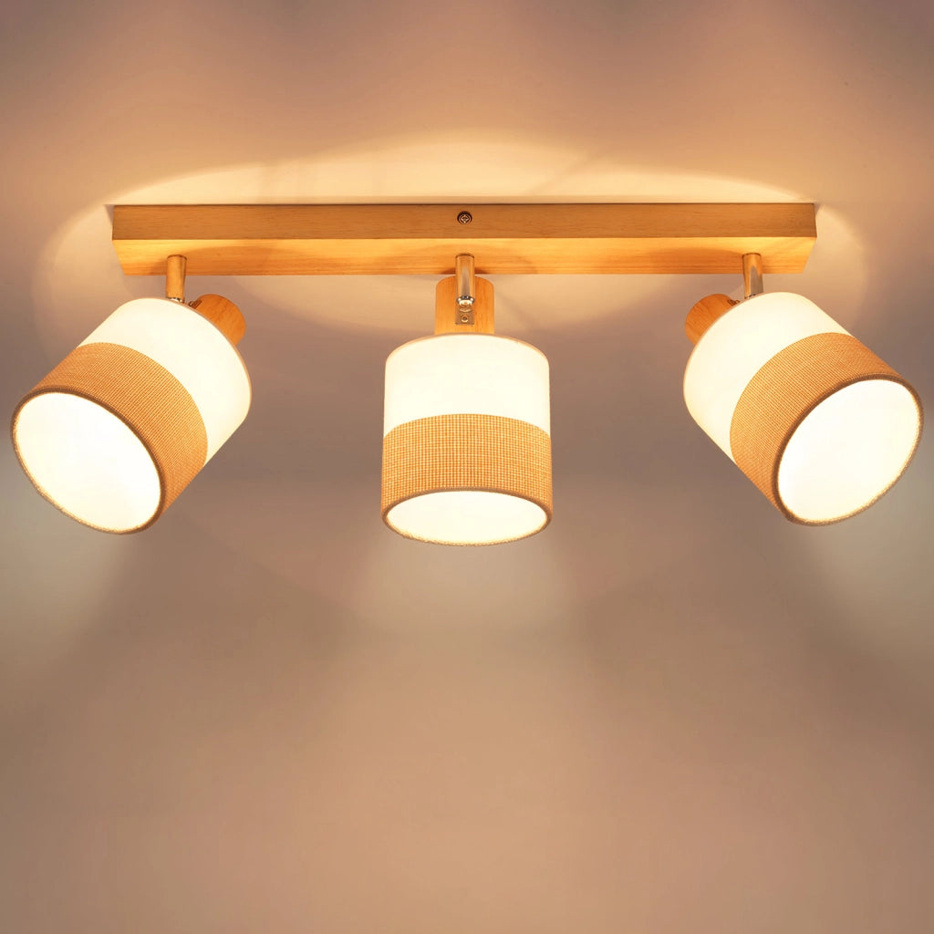 ZMH Faretto da soffitto vintage 3 luci E14 legno tessuto orientabili 350° max 25W senza lampadina