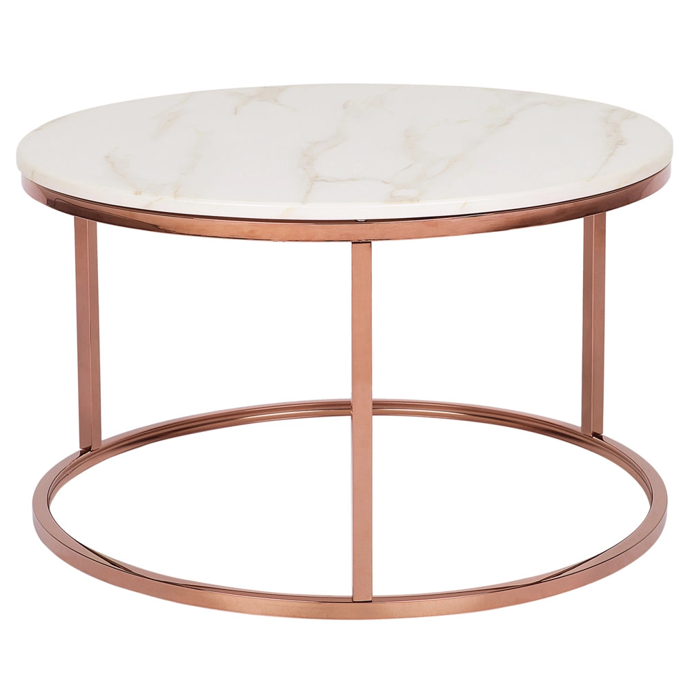 Tavolino in metallo color beige rame 70 cm Piano in MDF effetto marmo soggiorno stile moderno