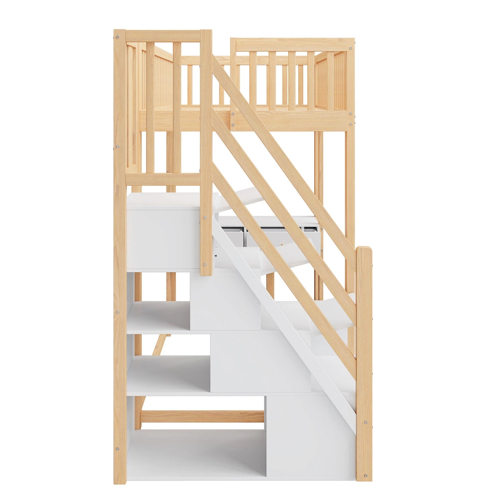 Letto a soppalco 90x200 cm con tavolo multifunzione e scala contenitore in legno bianco e rovere chiaro