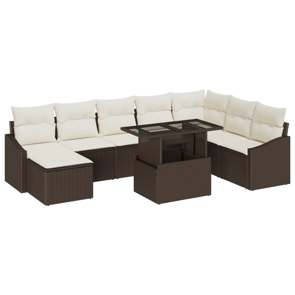 Set di Divani da Giardino 9 Pezzi con Cuscini Marrone in Rattan Polipropilene