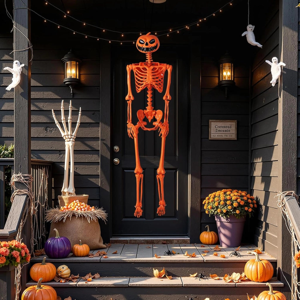 COSTWAY Scheletro di Halloween Arancione 158 CM, Scheletro a Grandezza Naturale con Testa di Zucca e Articolazioni Mobili per Decorazioni da Interno ed Esterno, Casa Infestata e Festa
