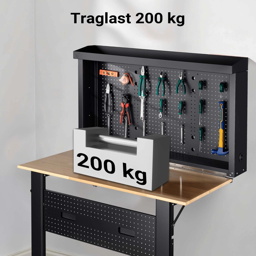 Banco da lavoro pieghevole a parete, portata fino a 200 kg, tavolo richiudibile con pannello porta attrezzi forato, in acciaio con piano in legno, 120,5 x 82,5 x 162 cm, ideale per officine e garage