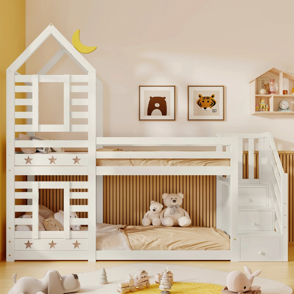Letto a Castello 90x200 cm; 2 Posti - Scala con contenitore; 2 Cassetti - Bianco