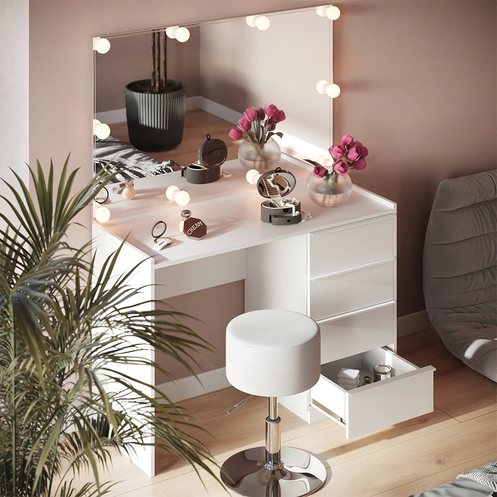 Vicco Tavolo da toeletta Bianco 110 cm con specchio, sgabello e illuminazione a LED