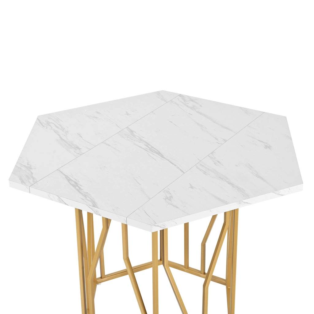 Tavolo da pranzo esagonale con piano effetto marmo e base in metallo dorato, per soggiorno, 115,5 × 100 × 75 cm