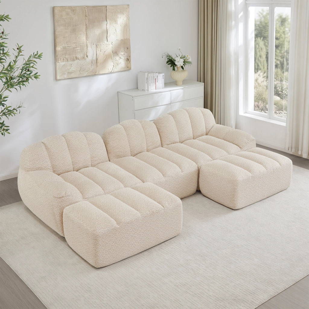 Divano modulare a U senza struttura con 2 ottomani e seduta profonda in pile granulare beige bianco