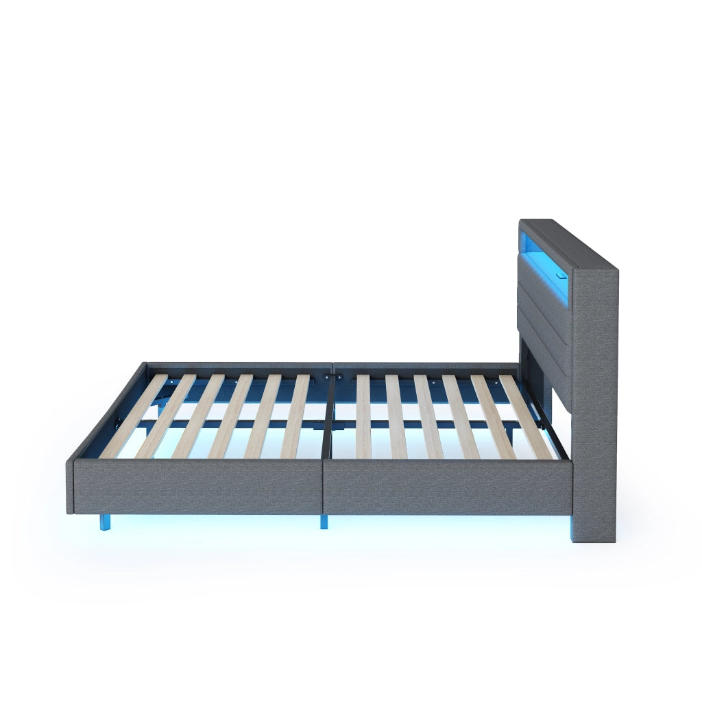 OKWISH Letto Imbottito 160×200 cm, Letto Matrimoniale con USB, LED Regolabile e Testiera Reversibile, senza Materasso, in Tessuto Grigio