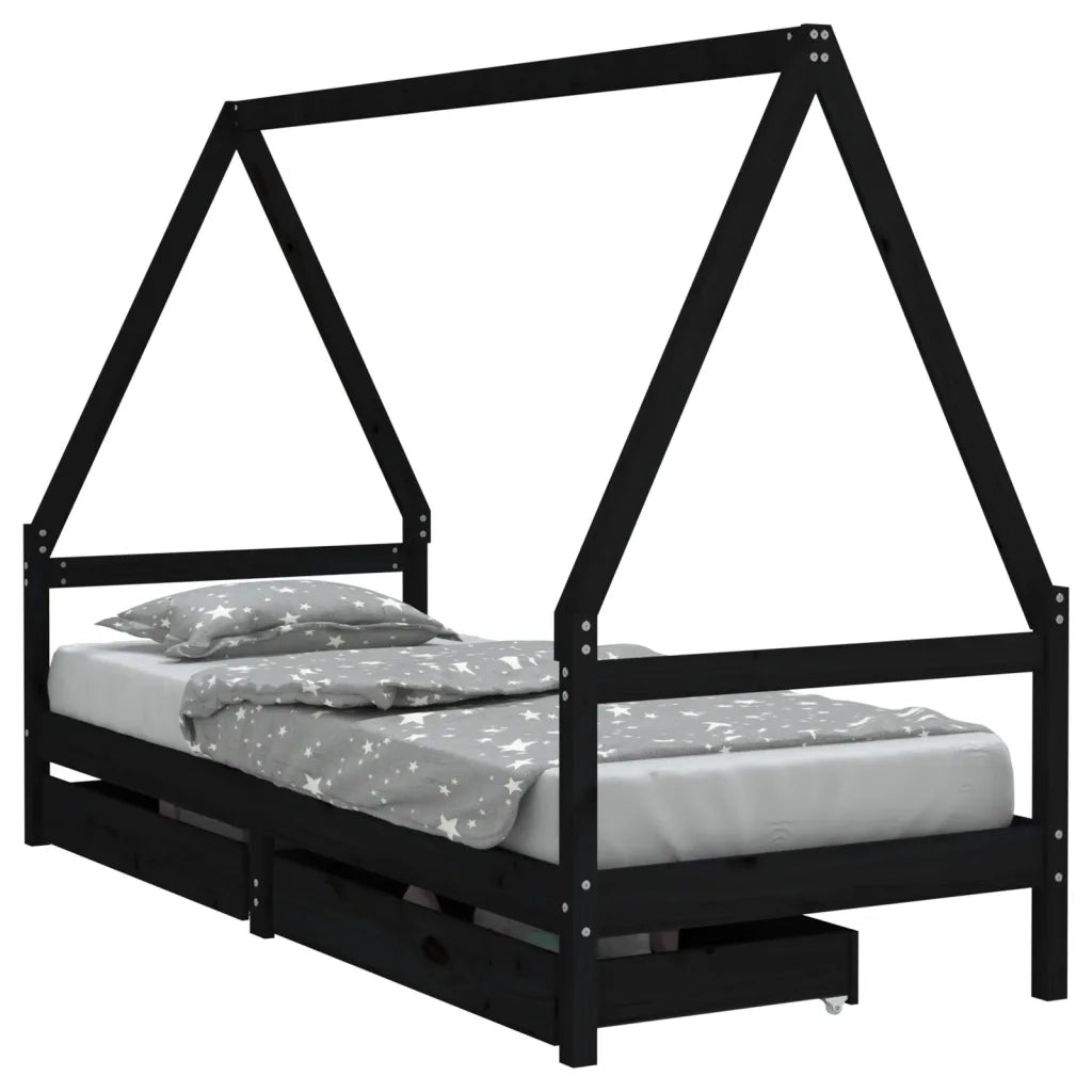 Giroletto Bambini | Letto Infantile | Lettino con Cassetti Nero 90x200cm Massello di Pino