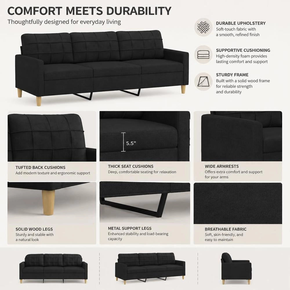 3-seater Sofa Black 180 Cm Fabric