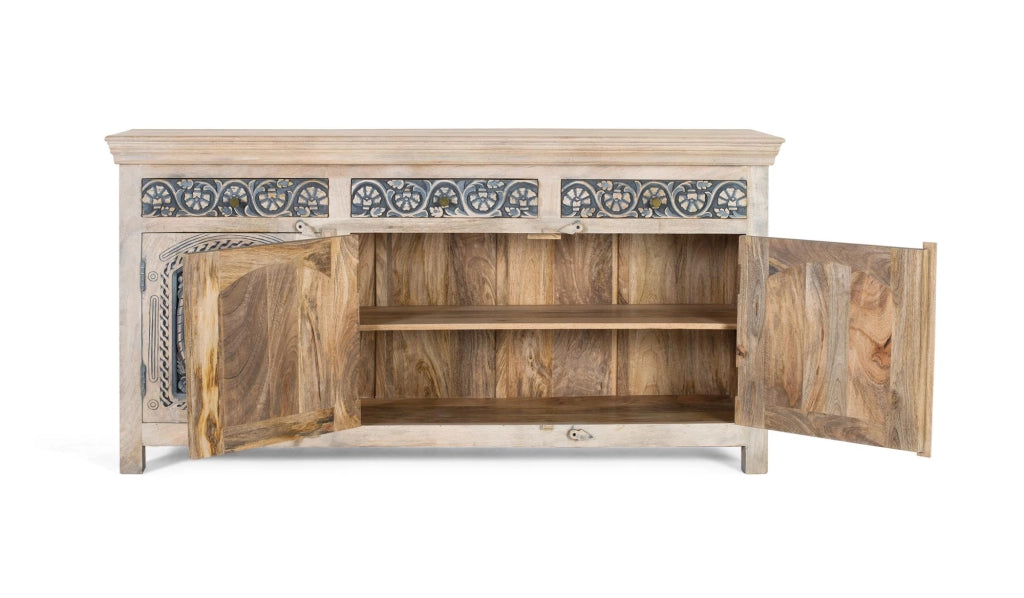 Credenza in legno massello di mango con tre cassetti e tre ante