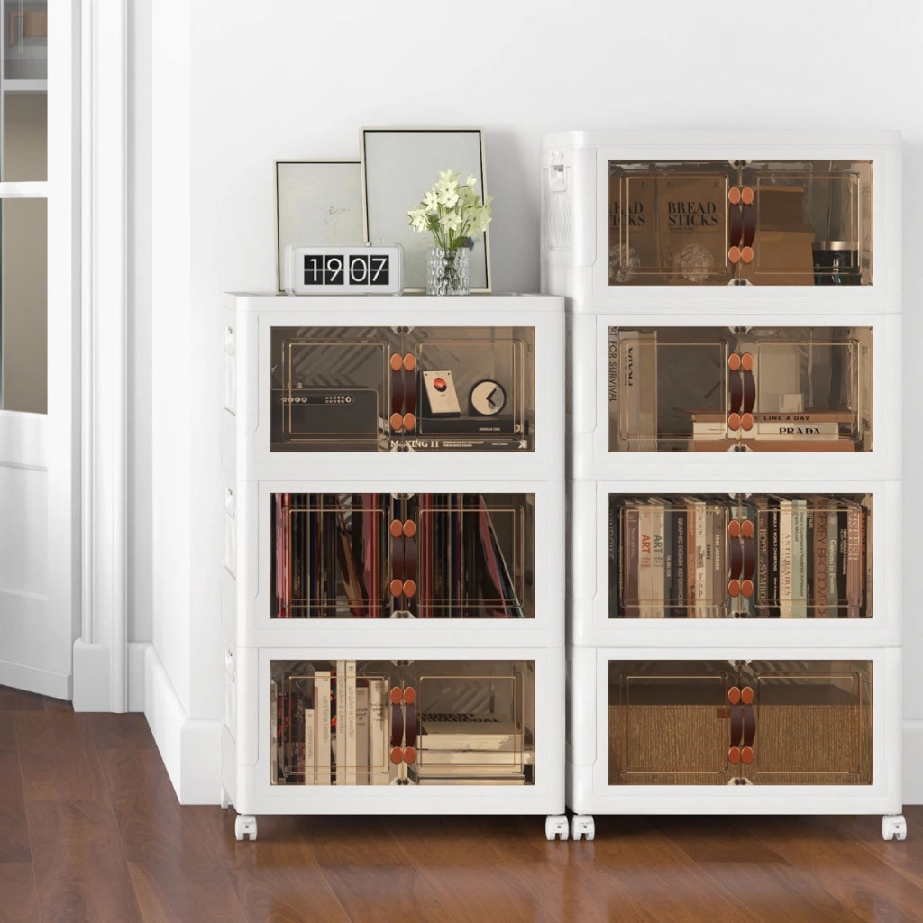 Set di contenitori impilabili con ruote bloccabili, Mobile in PP pieghevole con coperchi Bianco 49,5x31,5x86cm-Cassettiere