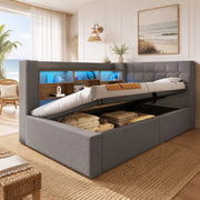 Letto singolo imbottito 90x190 cm grigio con LED, ricarica USB-C e vano idraulico