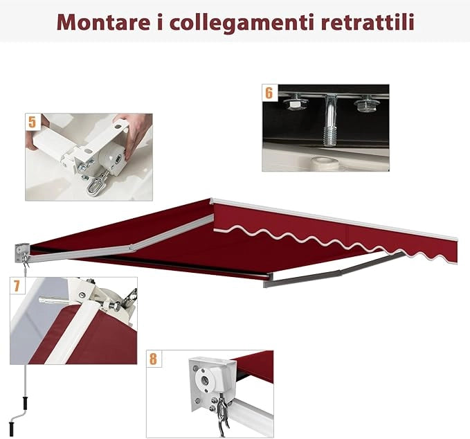 Tenda da Sole per Esterno Avvolgibile, Tenda da Sole a Bracci Estensibili con Telaio in Alluminio e Tettuccio Resistente al Sole e Impermeabile e Manovella (295 x 250 cm,Rosso)