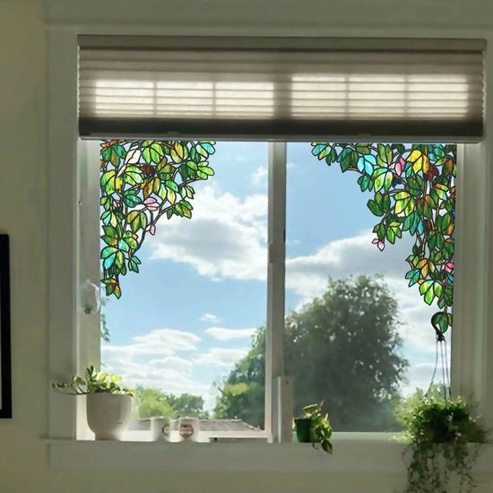 Decorazione per finestra a mano, effetto vetro in acciaio, decorazione per finestra con motivi di viti da vino e uccelli per prevenire gli urti per bambini, 40x56cm