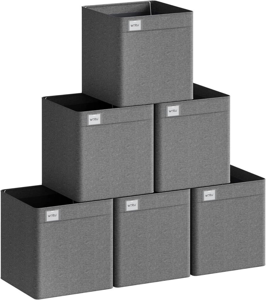 Cubi di Conservazione in Tessuto 6 Pezzi, Scatole Pieghevoli con Portaetichette e Maniglie, Organizer per Ripiani, Grigio Scuro, 32,5x32,5x32cm