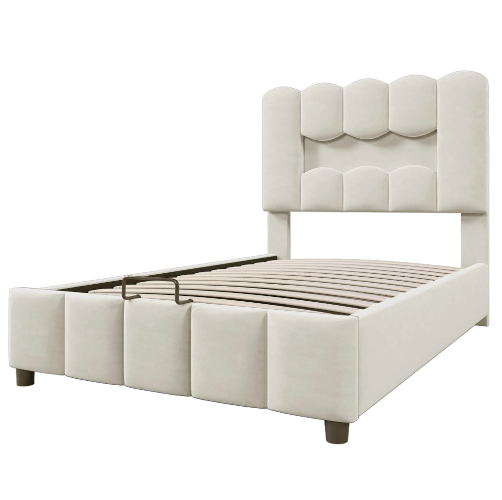 Letto imbottito 90x200 cm con contenitore idraulico; LED multicolore e testiera regolabile; beige