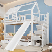 Letto a castello 2 livelli 90 × 200 cm con scala contenitore scivolo cassetti in legno e MDF bianco