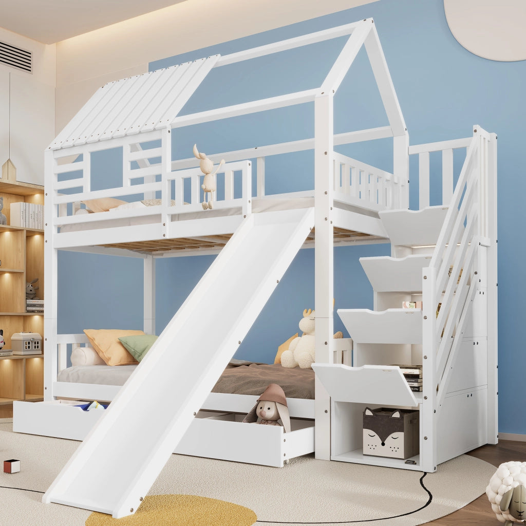 Letto a castello 2 livelli 90 × 200 cm con scala contenitore scivolo cassetti in legno e MDF bianco