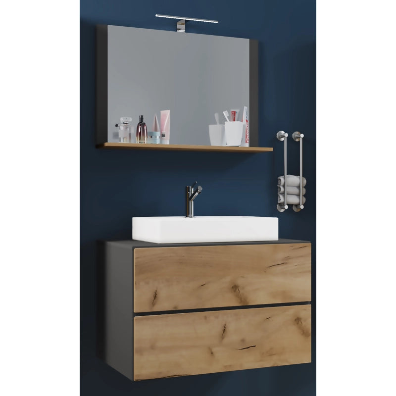 Luce Mobile Sospeso con 2 cassetti Large con lavabo in ceramica di alta qualità e specchio, Antracite/Rovere , lavabo Bianco