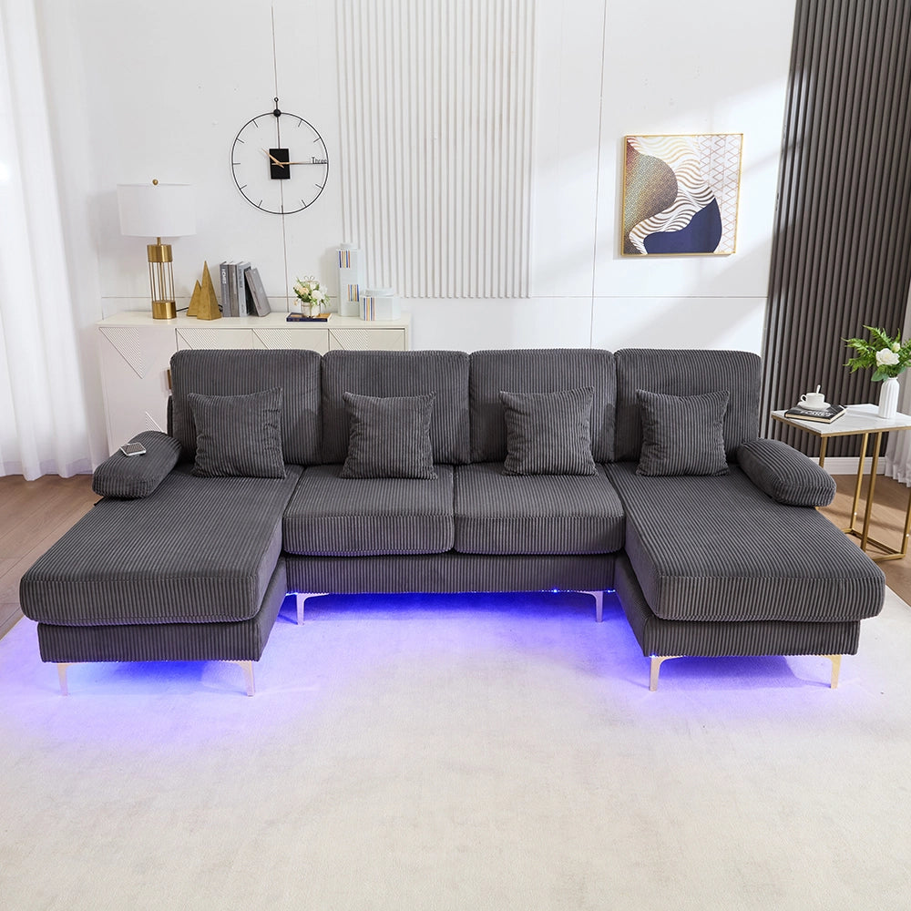 Divano a U - Xylo - LED/USB-C legno massello 4 cuscini grigio