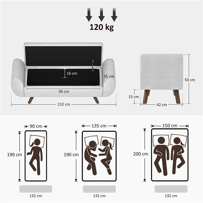 PANCA CONTENITORE FONDO LETTO CON BRACCIOLI IN TESSUTO GAMBE IN LEGNO E VANO DA 53.8L 132X42X50 CM GRIGIO