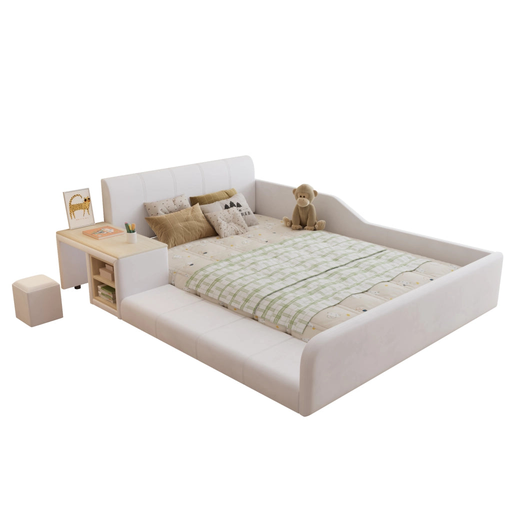 Letto Combinato 140 x 200 cm - Scrivania; Sgabello e Mensola - in Velluto - Bianco