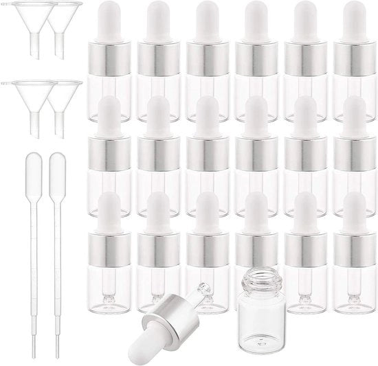 Set di 30 flaconcini trasparenti per olii essenziali (5 ml) con boccette in argento, contenitori per pipette e pipette - Ideale per olii essenziali e profumi