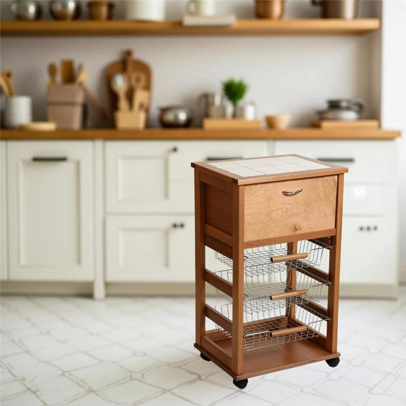 CARRELLO VESUVIO PORTAPANE ROVERE IN FAGGIO BASE INFERIORE MULTISTRATO DI BETULLA 1 CASSETTO 3 CESTELLI PIANO MATTONELLE IN CERAMICA