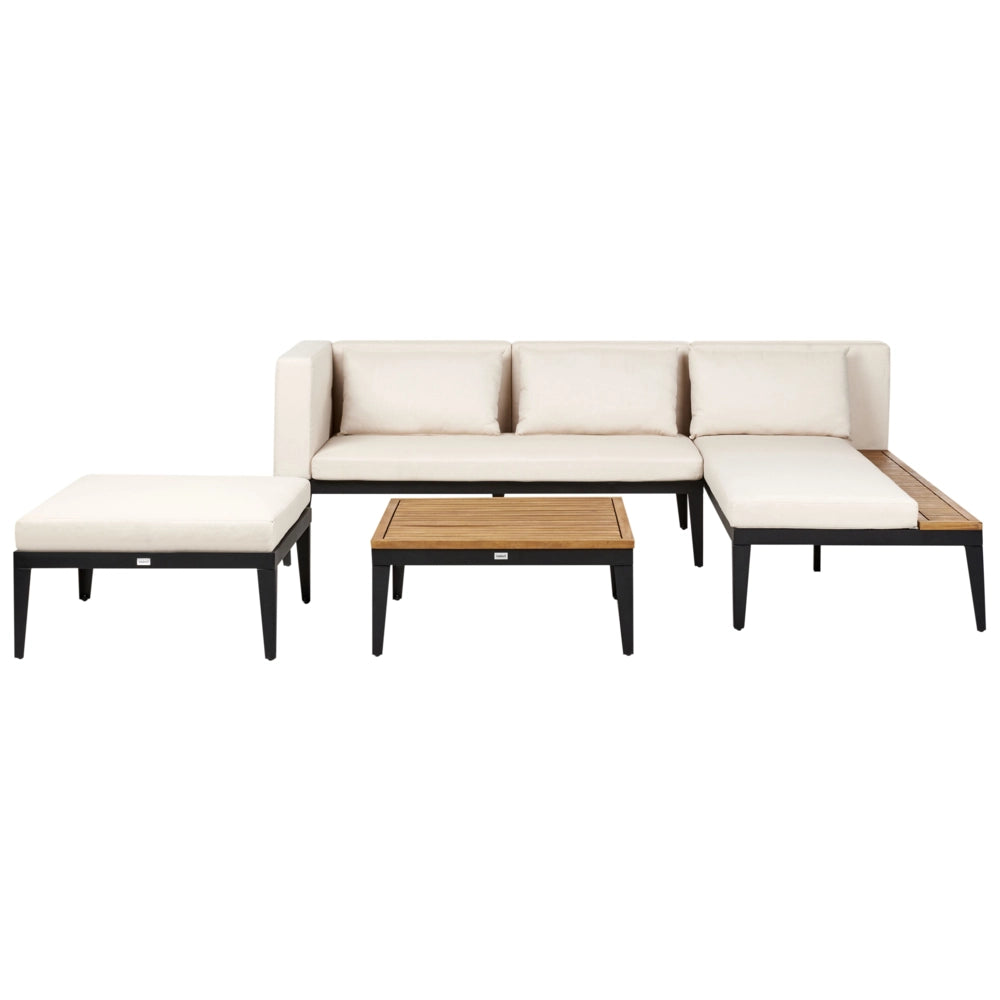 Set da giardino a 3 posti in legno di acacia certificato divano angolare con tavolino e pouf cuscini beige chiaro a sinistra