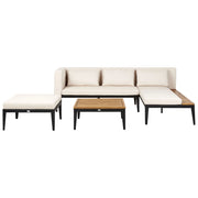 Set da giardino a 3 posti in legno di acacia certificato divano angolare con tavolino e pouf cuscini beige chiaro a sinistra