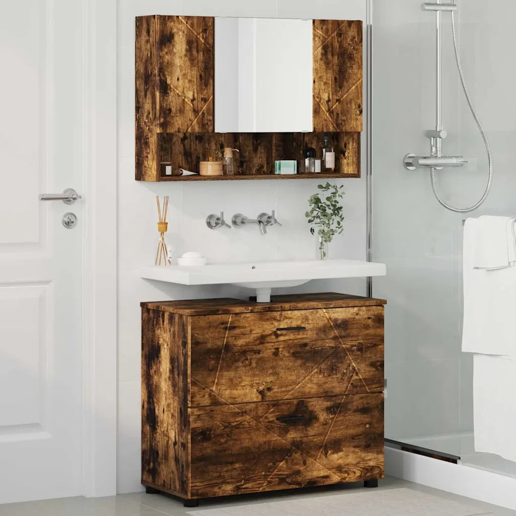 Set di mobili per il bagno con cassetto 2 pcs Rovere fumé