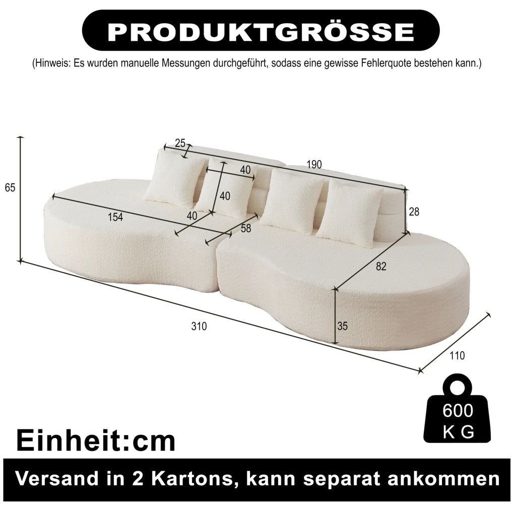 Divano modulare 310x110x65 cm beige, 2 moduli combinabili, memory foam e ciniglia