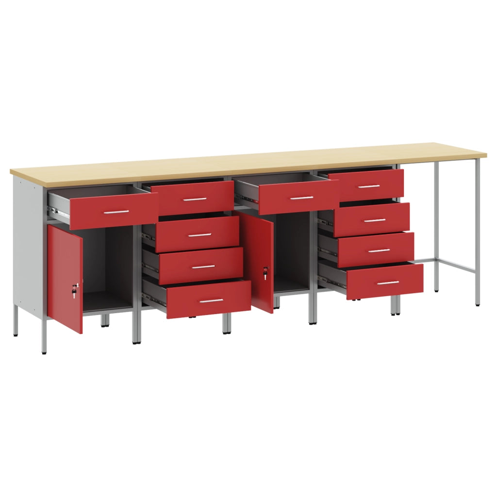 Set di Armadietti da Lavoro e Tavolo Angolare Rosso in Legno Ingenerizzato - 5 Pezzi
