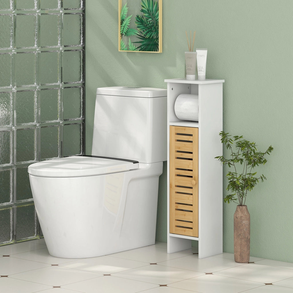 Mobiletto Bagno con Anta Bamb¨´ ¨C Zephmum ¨C Bianco e Naturale 21x17x78 cm