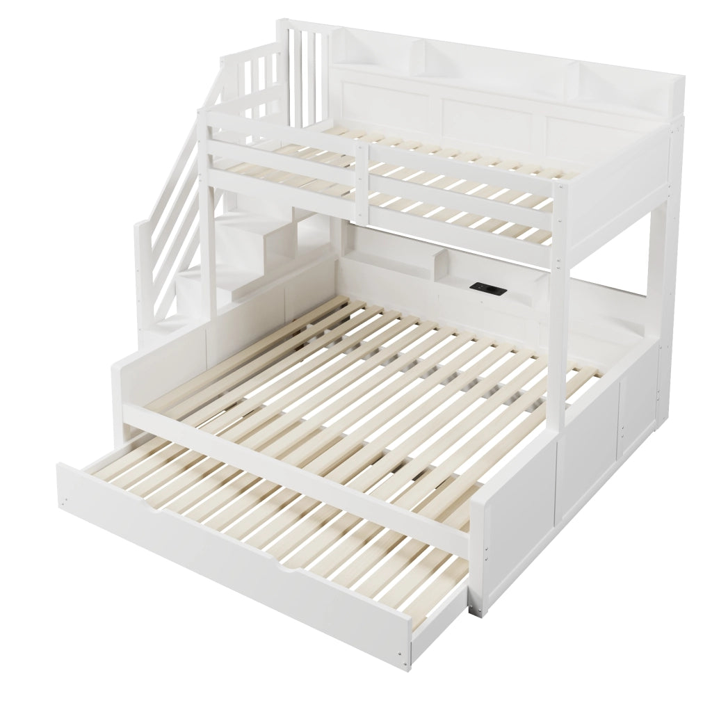 Letto a castello 90×200 cm e 140×200 cm 4 posti, estraibile 90×190 cm, USB e scale contenitore, senza materassi