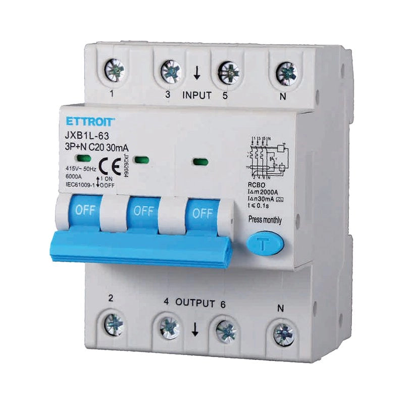 RCBO Interruttore Magnetotermico Differenziale Tipo A Curva C 3P+N 4M 6000A 30mA C20A AC 400V IP20 IEC61009-1