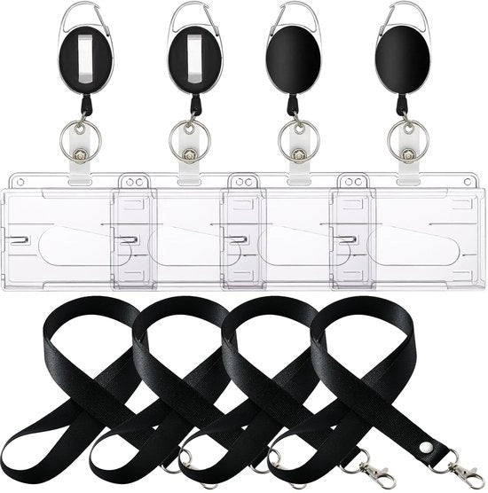 Set di Chiavi da Parete da 4 - Anelli di Chiave Estensibili - Porta Carta di Credito - Cinturini Neri - Acciaio Inox - PVC di Alta Qualità - Chiavetta